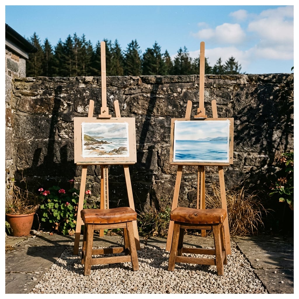Deux chevalets avec de petites aquarelles de mer et deux tabourets en chêne assise cuir dans une cour de pierre