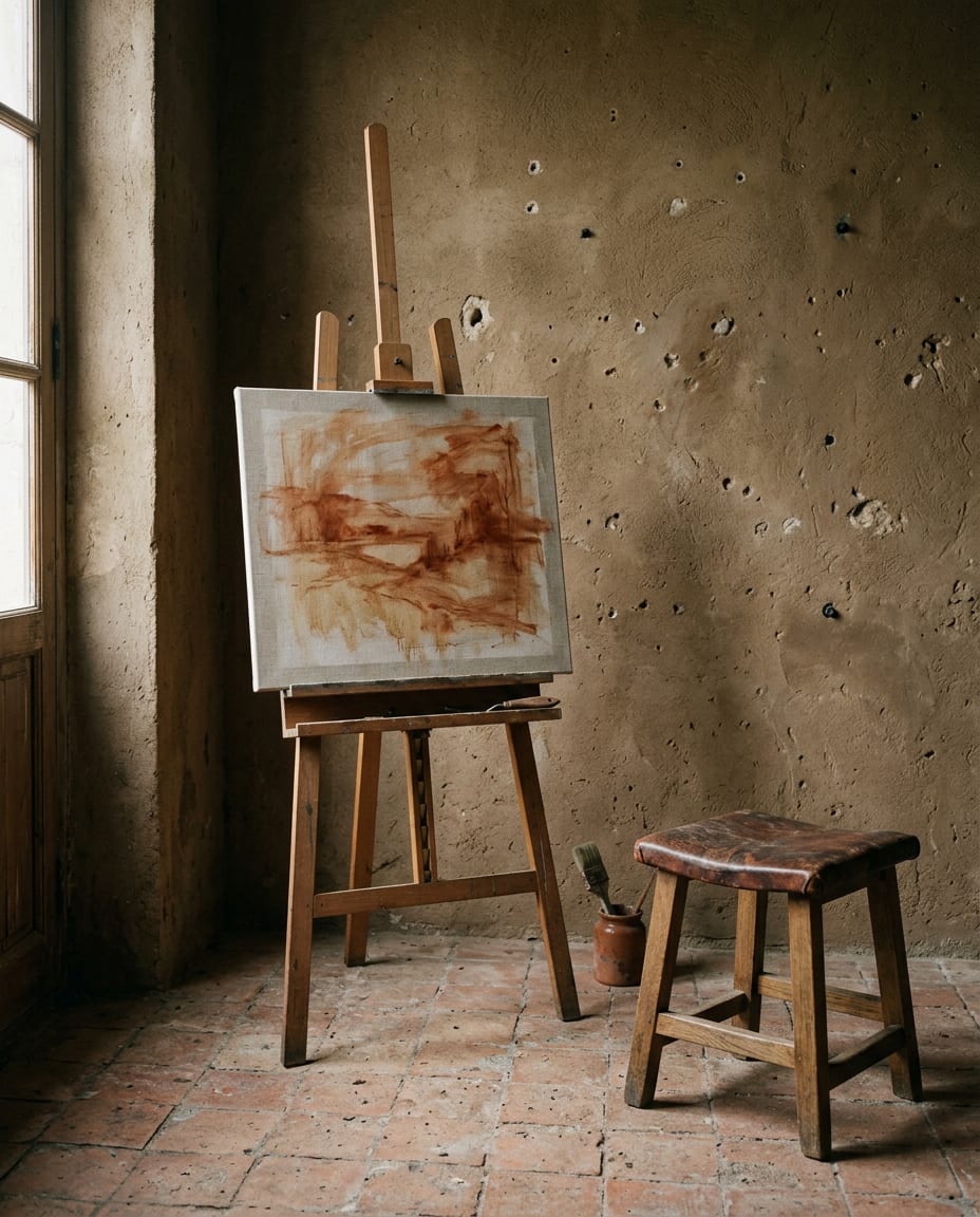 Un chevalet avec une étude terracotta inachevée à côté d’un tabouret en chêne assise cuir, contre un mur d’enduit couleur de terre