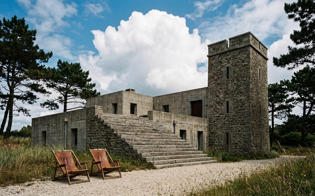 Un bâtiment en granit et béton avec un large escalier de pierre et une tour carrée sous un grand nuage blanc, deux chaises pliantes en cuir sur le gravier