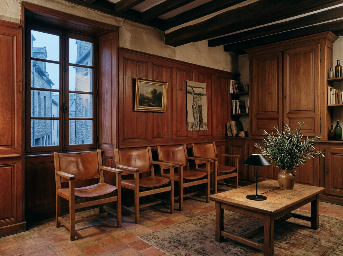 Quatre fauteuils en cuir et chêne face à une basse table en chêne avec une lampe noire et des branches d’olivier, dans une salle lambrissée au crépuscule