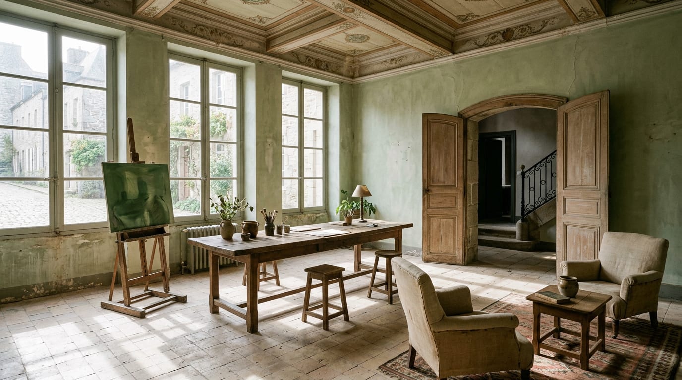 Une haute salle aux murs vert sauge, plafond peint, longue table en chêne, un chevalet et des fauteuils en lin sous une lumière rayée de fenêtres