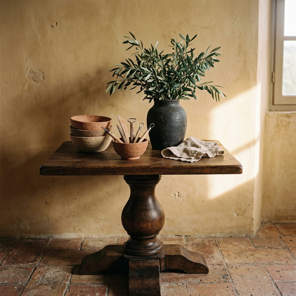 Des bols en terre cuite façonnés à la main, des outils de modelage et des branches d’olivier dans un vase sombre sur une table en bois