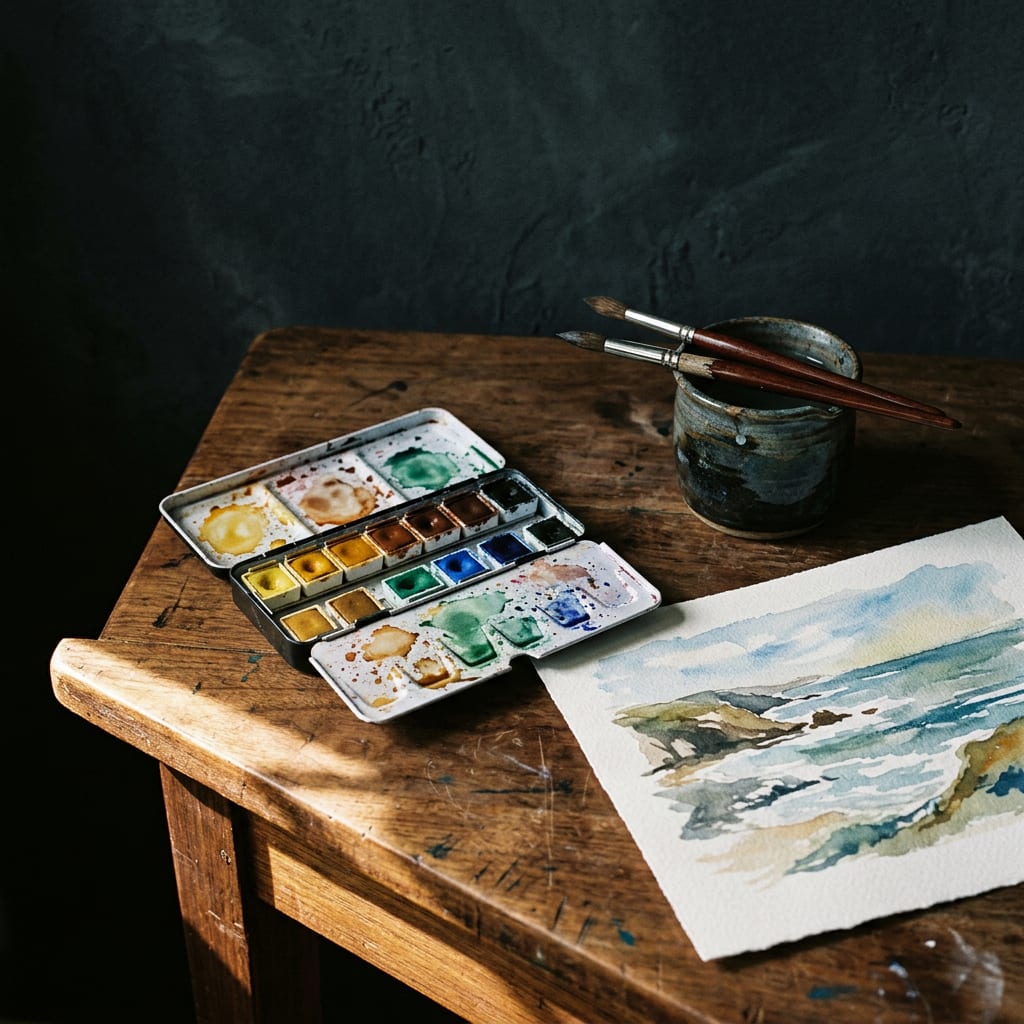 Une boîte d’aquarelle, des pinceaux dans un pot en céramique et une étude de mer peinte sur papier, sur une table en bois patinée